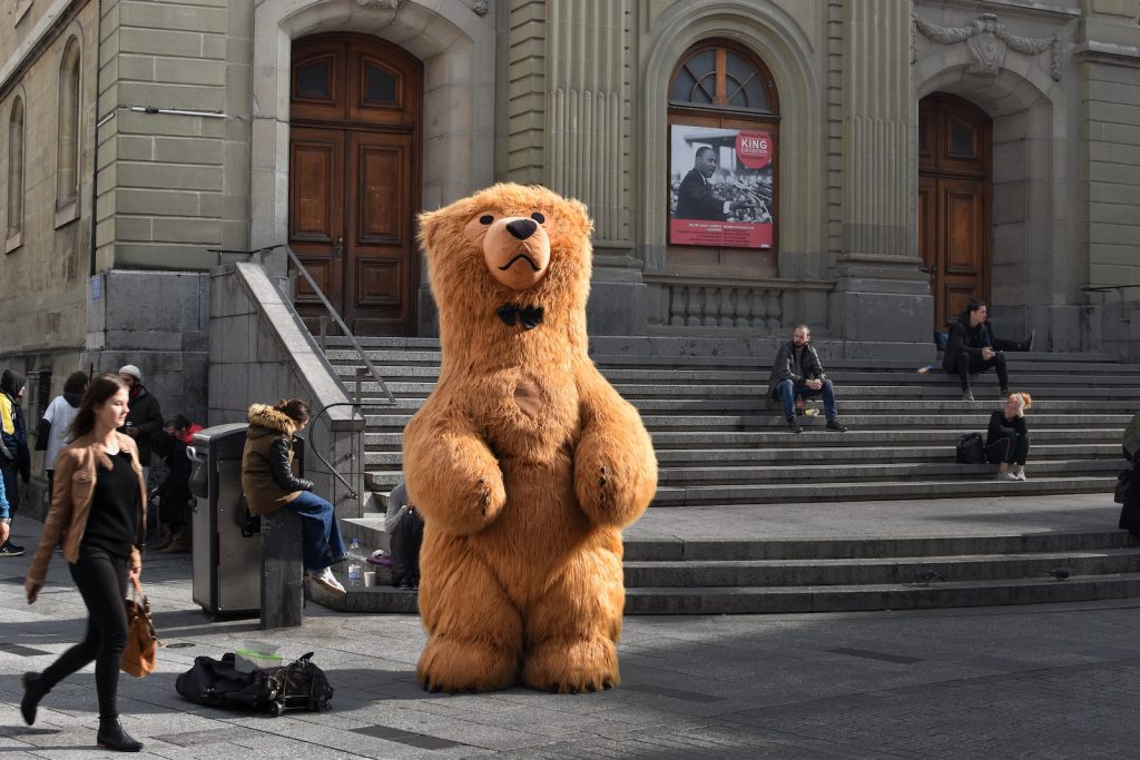 adult teddy bear mascot standing in front of building