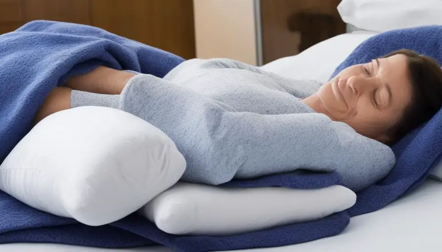 Best Sleeping Position For Stroke Patient 4 An image capturing a stroke patient comfortably supported by pillows, lying on their side with knees slightly bent, head resting on a contoured memory foam pillow, and a soft blanket draped over them