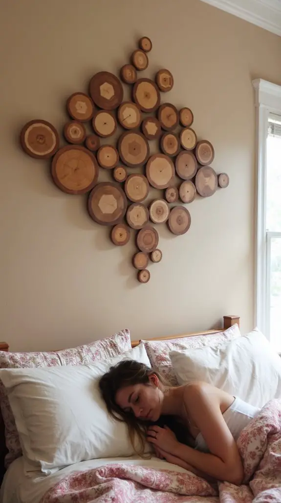 15 Serene Wooden Disc Wall Arrangements For Bedrooms 2 asymmetrical wooden disc decor