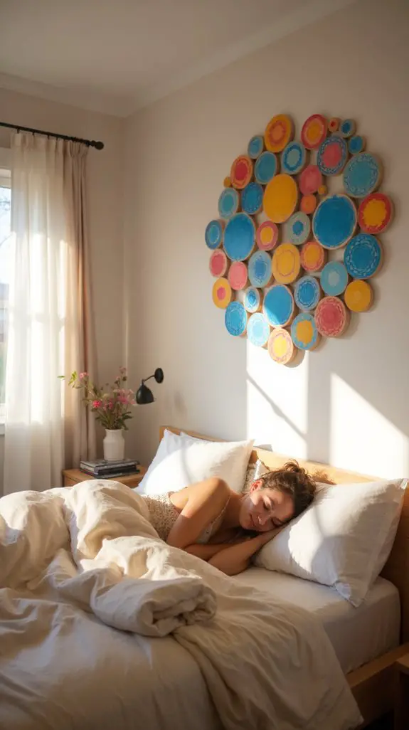 15 Serene Wooden Disc Wall Arrangements For Bedrooms 14 colorful wooden disc artwork