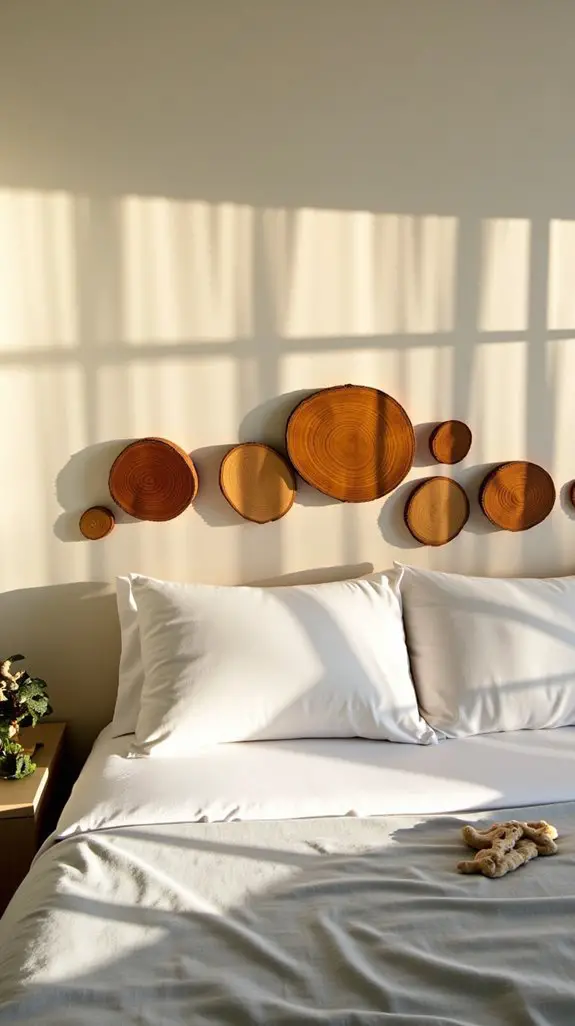 10 Serene Wood Slice Art Ideas For Bedrooms 11 natural wood slice headboard
