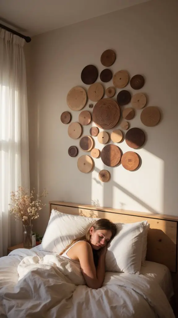 15 Serene Wooden Disc Wall Arrangements For Bedrooms 13 symmetrical wooden disc arrangement